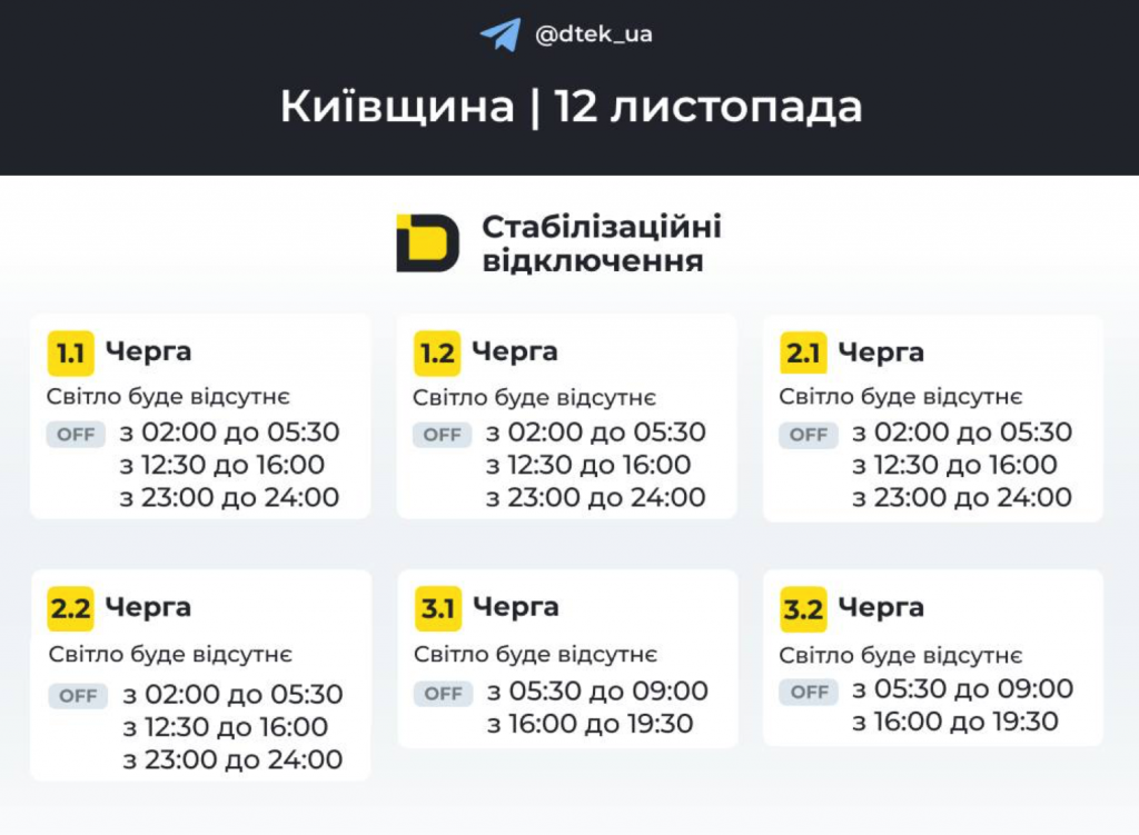 Оновлений графік відключення електроенергії у селі Софіївська Борщагівка 12 листопада