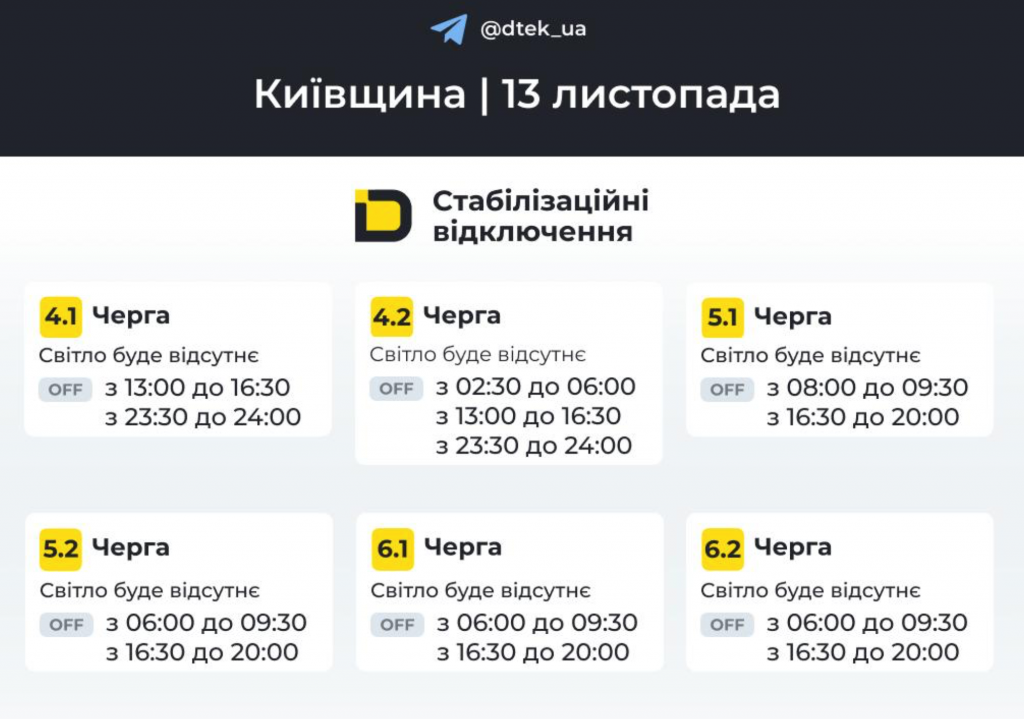 Графік відключення світла у селі Софіївська Борщагівка 13 листопада 2025 року