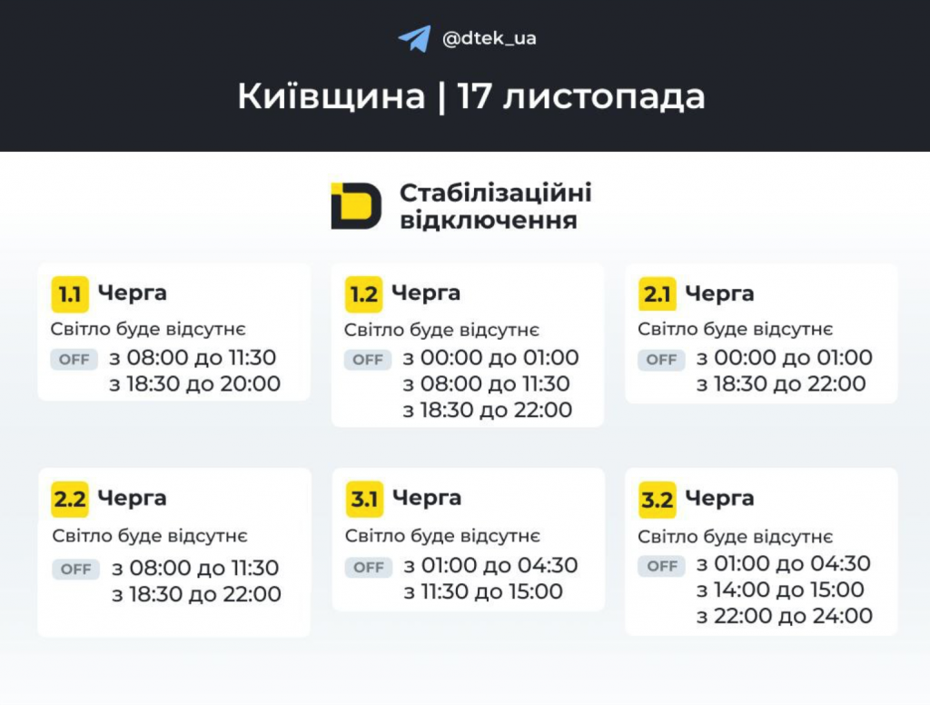 Графік відключень електроенергії у Софіївській Борщагівці на 17 листопада 2025 року