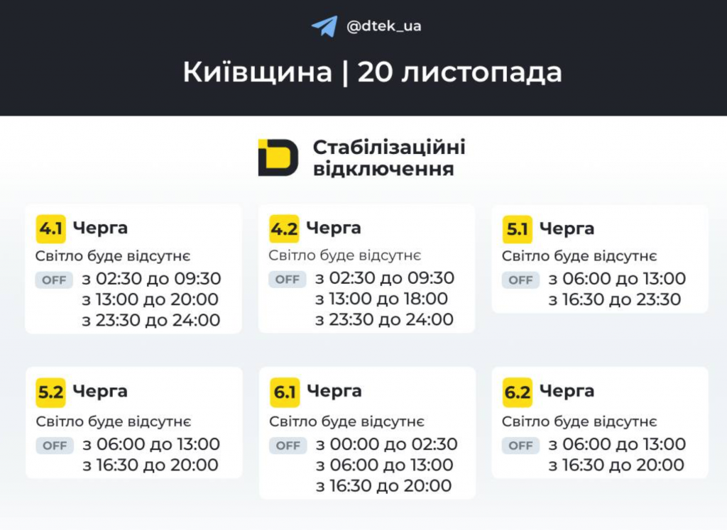 Графік відключень світла в Переславі 20.11: як перевірити та підготуватися до відключень