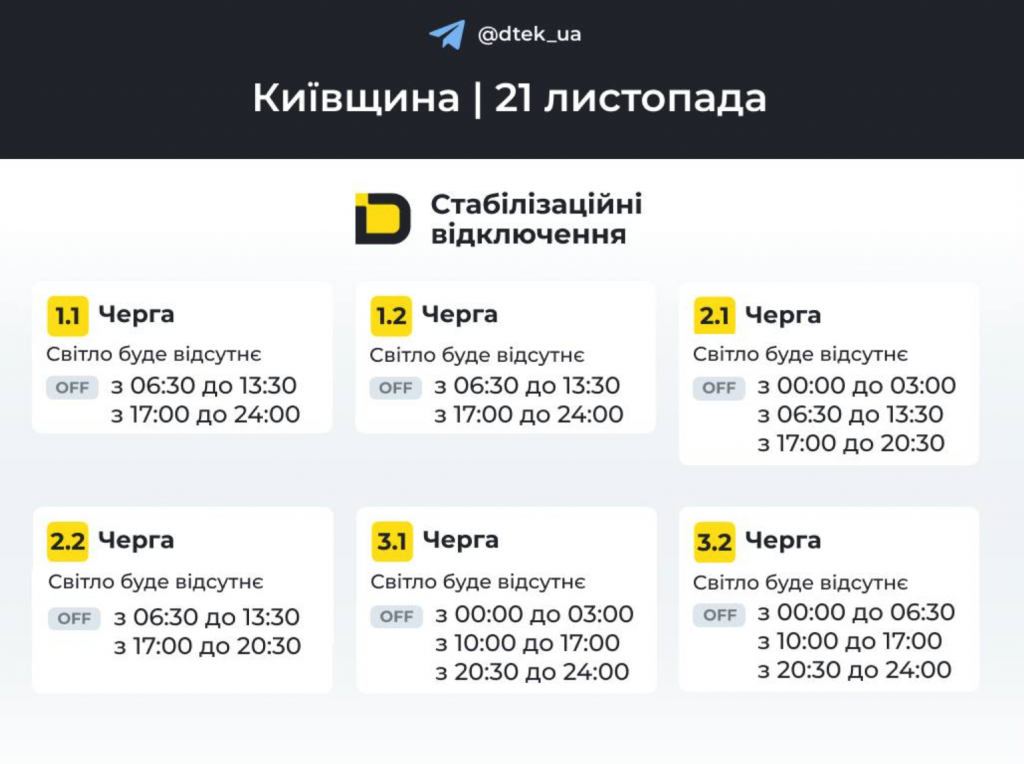 Графік відключення світла в Переяславі 21.11: як перевірити та підготуватися до відключень