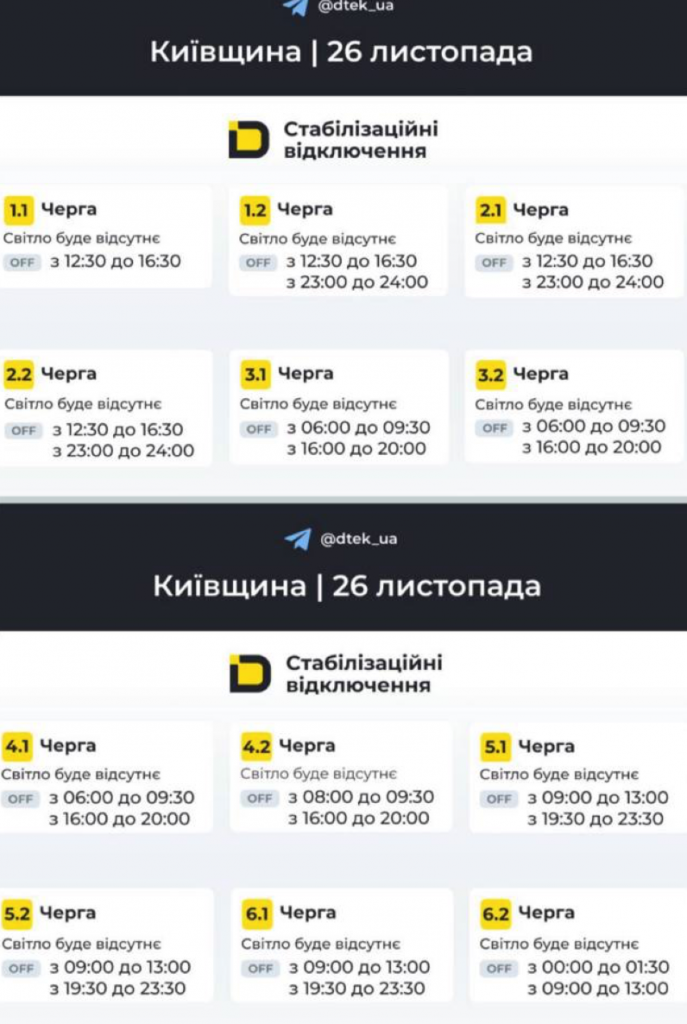 Графік відключень електроенергії в Петропавлівській Борщагівці 26.11.2025: перевір свою групу