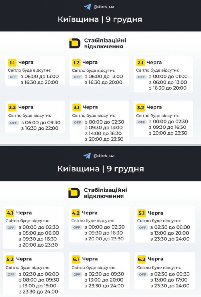 Графік відключень світла в Софіївській Борщагівці 09.12.2025: як перевірити свою групу і підготуватися