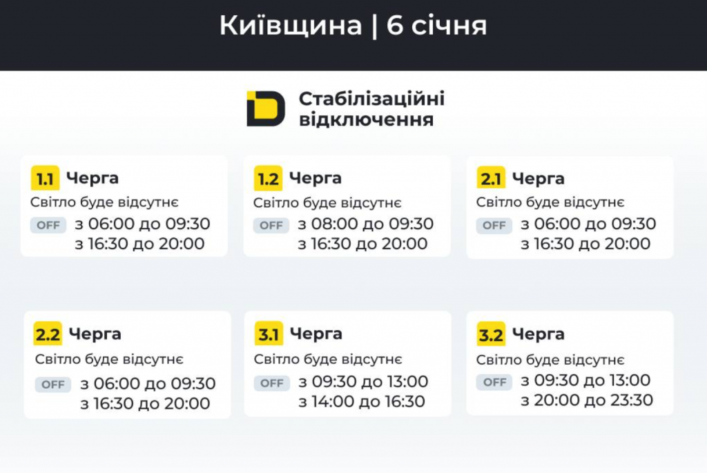 Графік відключень електроенергії в Бориспільському районі 06.01.2026 року