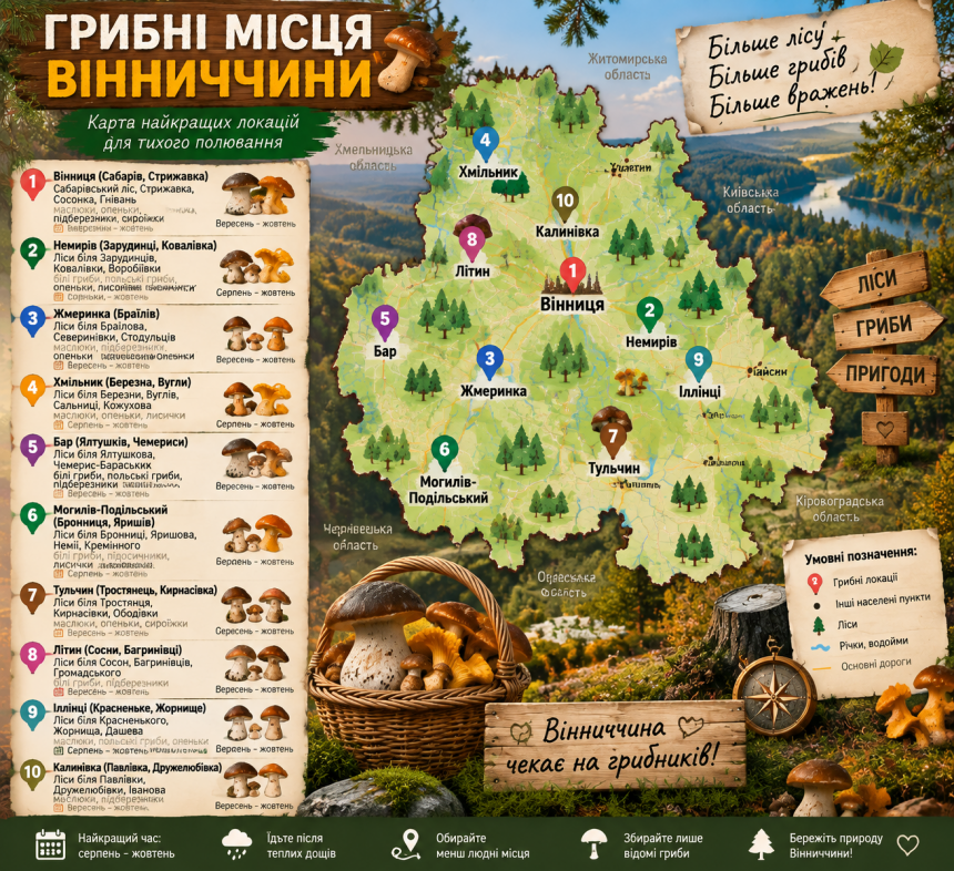 Найкращі грибні місця Вінниччини: конкретні села, міста та ліси